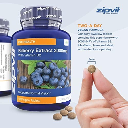 Bilberry Extract 2000mg with Added Vitamin B2, 120 Vegan Tablets. Vegetarian Society Approved.