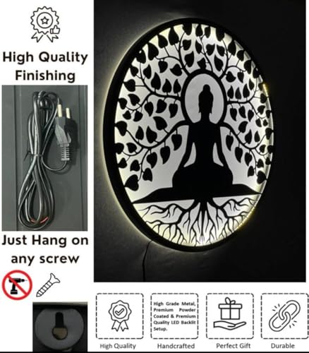 Image of M.K Handicraft Buddha Metal 3D Wall Art 24 IN WIth LED Backlite Wall Hanging with Led Backlight Decorative Showpiece - 60 cm (Iron, LED Backlite Gold) (GOLD)
