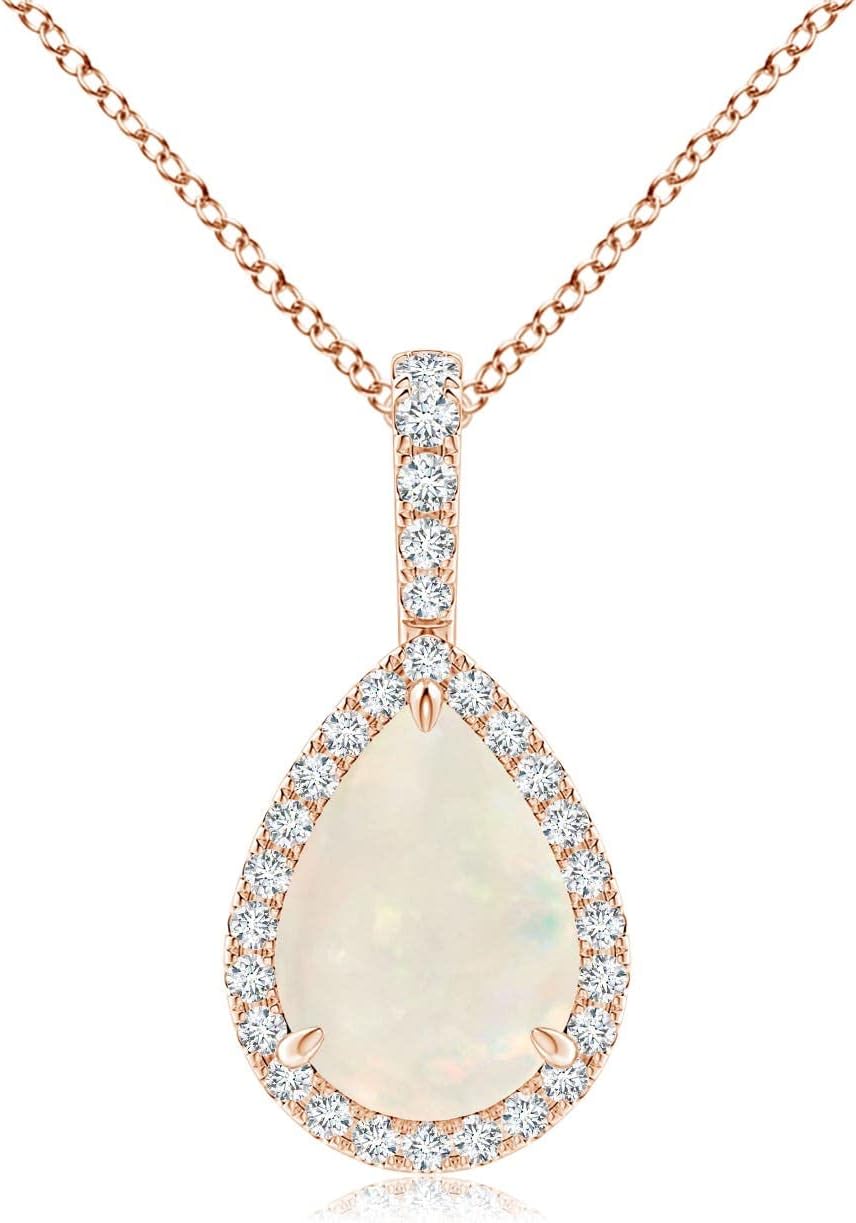 Angara Natural Opal Pendant for Women | Opal Teardrop Pendant with Diamond Halo in 14K Solid Gold/Platinum With 18" Chain | October Birthday, Anniversary, Gemstone Jewelry Gift
