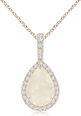 Angara Natural Opal Pendant for Women | Opal Teardrop Pendant with Diamond Halo in 14K Solid Gold/Platinum With 18" Chain | October Birthday, Anniversary, Gemstone Jewelry Gift