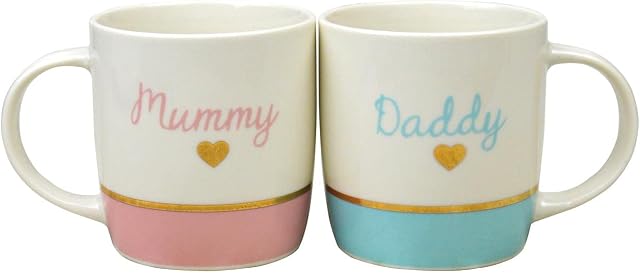 YöL Mummy & Daddy Mugs Set New Parents Newborn New Bone China 12oz Celebration Home Kitchen Pink Blue Gold Foil Design