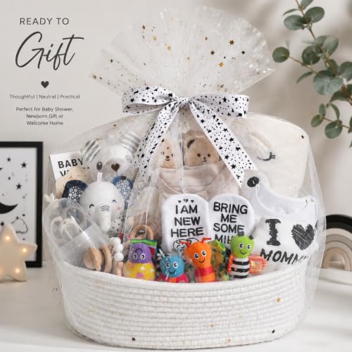 Image of Ultimate Gender-Neutral Baby Gift Basket, High-Contrast Black & White Newborn Essentials, Premium All-in-One Unisex Baby Shower & Gender Reveal Gift Set for Boys & Girls with Swaddle Diaper Caddy