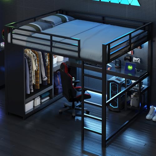 Wyibwy Cama alta de metal 160 x 200 con LED, escritorio, armario abierto y compartimentos de almacenamiento, cama de juego para adolescentes, cama alta para 2 personas, color negro