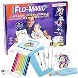 Flo-Magic Enchanted Airbrush Marker Stencil Art Kit- Unicorn, Mermaid, Dolphin- Washable Non-Toxic, Rechargeable- Craft kit for Kids Age 5 6 7 8 9 10