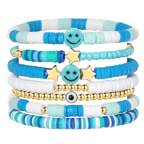 Image of Preppy Bracelets Set Colorful White Gold Smile Heart Star Polymer Beaded Pearl Clay Stackable Charm Y2K Kidcore Aesthetic Summer Beach Bohemian Stretch Layering Bracelets Jewelry for Girls Women Teens