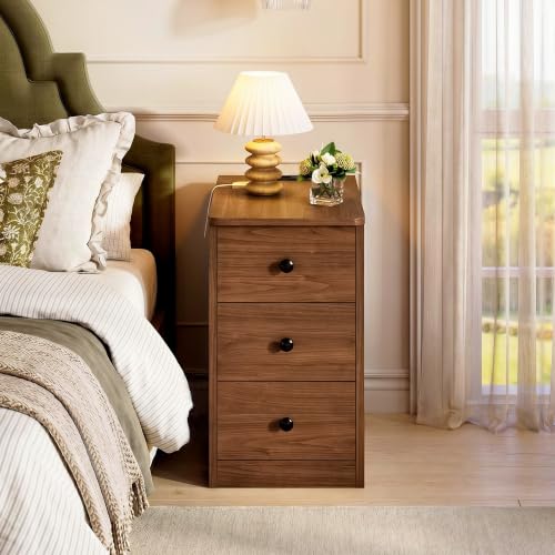 Image of LIKIMIO Nightstand with Charging Station, 3 Drawers Modern for Bedroom | Built-in 2 AC Outlets , Type-C, USB port; spacious storage; side table for living room /bedroom; easy assembly; Walnut