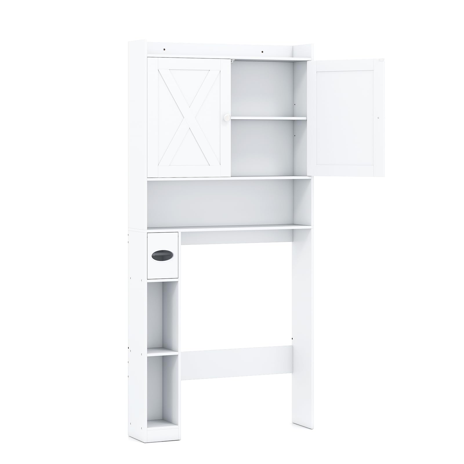 LIFEZEAL Scaffale Bagno Salvaspazio Sopra WC, Water, Toilette, Lavatrice, Mobile con Barra Regolabile per Adattabilità, Porta Carta Igienica, Ante, Ripiani, Armaidetto, Moderno, in Legno (bianco)