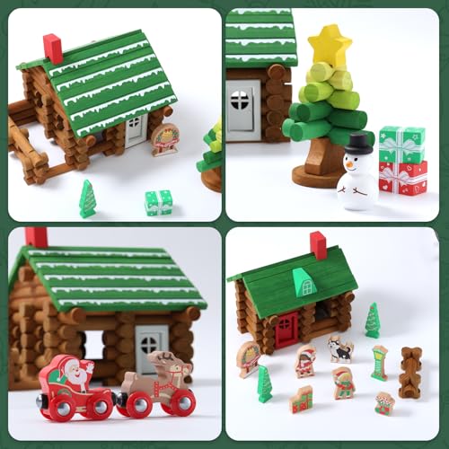 Image of SainSmart Jr. Wooden Logs Set 182 Pcs Building House Toy for Toddlers with Christmas Tree Logs, Classical STEM Construction Kit Compatible with Lincoln Logs for 3+ Kids