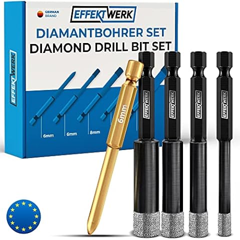 EFFEKTWERK Fliesenbohrer Set für harte Fliesen - Diamantbohrer Fliesenbohrer 6mm 8,10,12 & Anbohrer - Feinsteinzeug Bohrer Glasbohrer Granit Marmor Keramikbohrer - Fliesen Bohrer - Sechskantschaft Cover