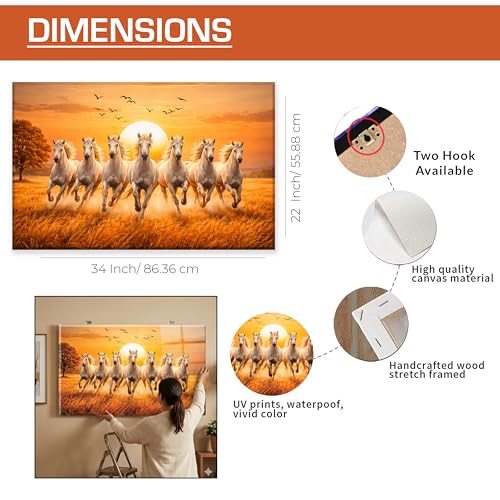 Image of Rousrie Big Size 7 Horses Vastu Frame Wall Art Painting, White Running Horses on Water, Rising Sun Wall Decor, Multicolor (55 cm x 85 cm)