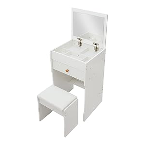 Mesa cosmética con espejo, cómoda para dormitorio, moderna mesa cosmética con cajón y compartimento para rutina de belleza (A)