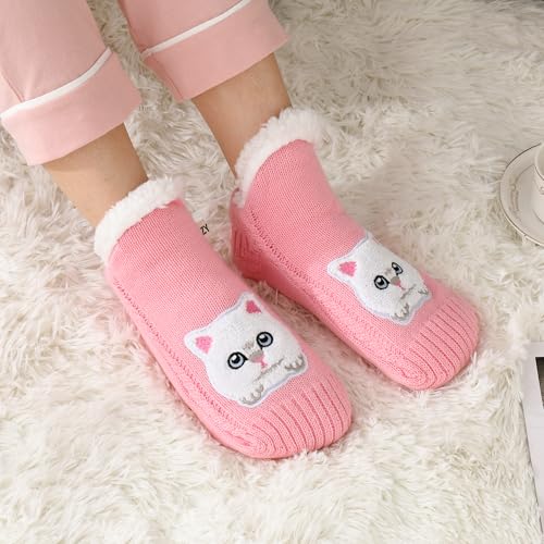 Image of ZYZX Cute Cat Slipper Socks for Women with Grips,Fuzzy Socks Indoor