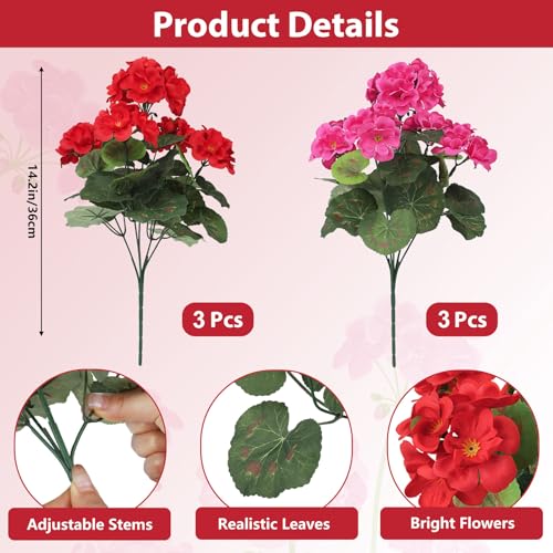 Image of Bassion Artificial Flowers for Outdoors, 6 Pcs Mixed Color Fake Geraniums