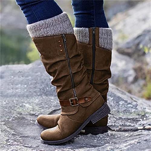 Ladmiple Motorcycle Boots Women Riding Mid-calf Combat Military Winter Boots Side Zipper Low Heel Western Biker Booties 20242