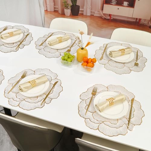 Image of Yellow Weaves 1 Pc PVC Round Table Placemat, Dining Table Mat, Stain Resistant, Anti-Skid, Waterproof, Washable, Dining, Kitchen, Restaurant Table Set Easy to Clean, Durable (Floral Golden)