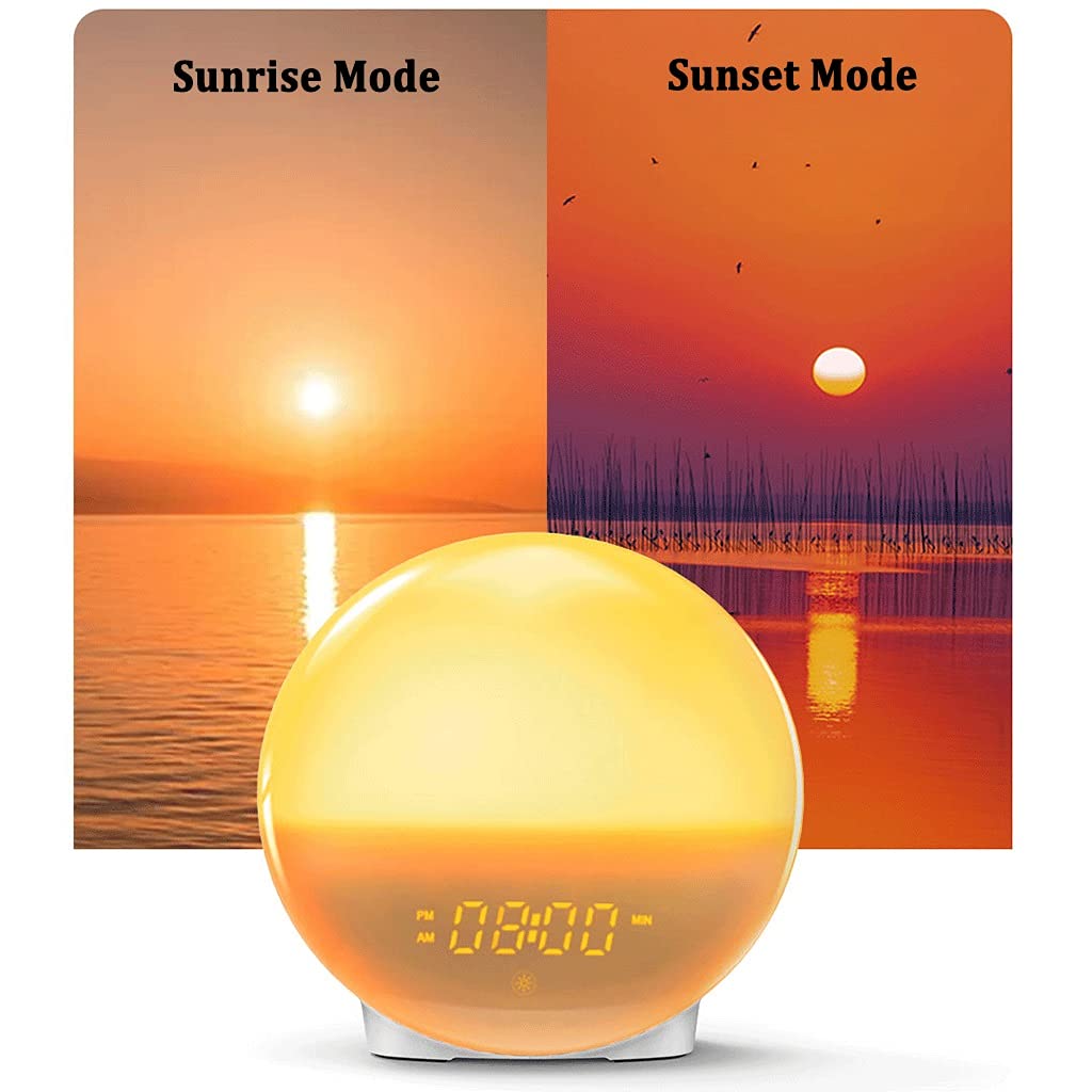 Lampada da Comodino Sunrise Simulation, Wake-Up Light Sveglia, con 6 Suoni Naturali e Funzione Snooze, Radio FM e 4 Sveglie, Sveglia Digitale per Aiuto Al Sonno