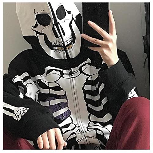 MBVFD Y2K Gothic Zip Up Hoodies Women Punk Oversized Skull Skeleton Print Sweatshirts Black Hip Hop Loose Tops Jacket Grunge