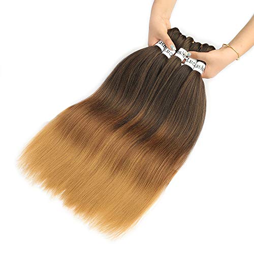 LUCASHA Pre-stretched Braiding Hair Extension Ombre Natural Black Brown for Women 5 pcs/lot Hot Water Setting Perm Yaki Synthetic Hair( 1B4T27)