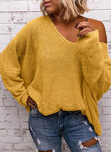 Image of BZB Women's V Neck Long Sleeve Knit Loose Oversized Pullover Sweater Top