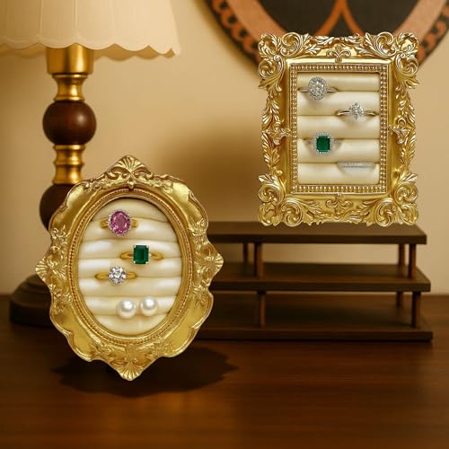 SAANG & JAT Antique Gold Ring Holder for Wedding Nightstand, Vintage Jewelry Display Tray with Suede Interior, Elegant Earring & Ring Organizer for Ceremonies Photography Gifts (Rectangle) by SAANG & JAT - Used condition - Image 6