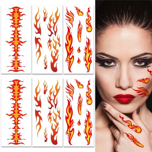 6 Sheets Flame Temporary Tattoo Stickers for Women Men Face