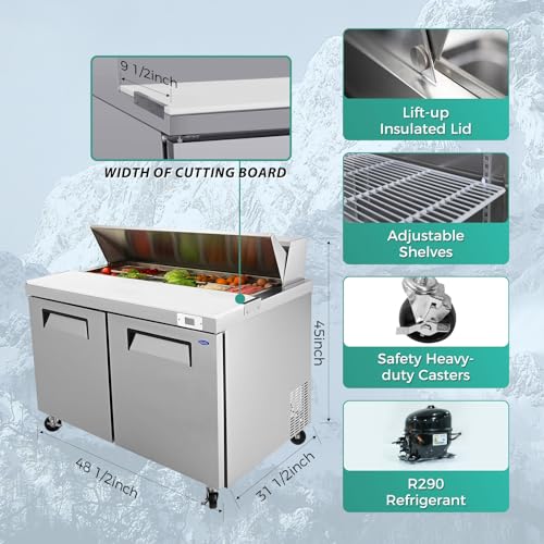 Image of Commercial Refrigerators,48 inch Cold Storage Worktop,Sandwich & Salad Prep Table with Butcher Block and Protection Lid,Defrost System,12 Food Pans Up to 4 inch Deep,for Restaurant,Bar,ETL Certified,Silver