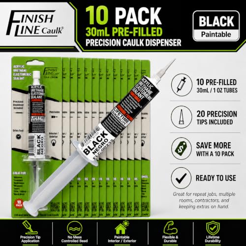 Image of Finish Line Caulk 30mL Pre-Filled Precision Caulk Applicator Black 10-Pack | Clean, Controlled Application with Less Mess and Rework