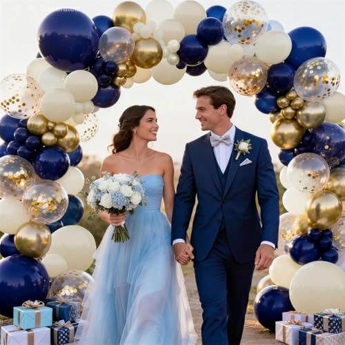 Image of Blocesa Navy Blue Gold White Sand Balloons Arch Kit, Latex, Party Decor. | Navy /Dark Blue /White Sand /Chrome Gold /Confetti Balloon Garland. For Wedding, Boy Birthday, Gender Reveal, Back to School.