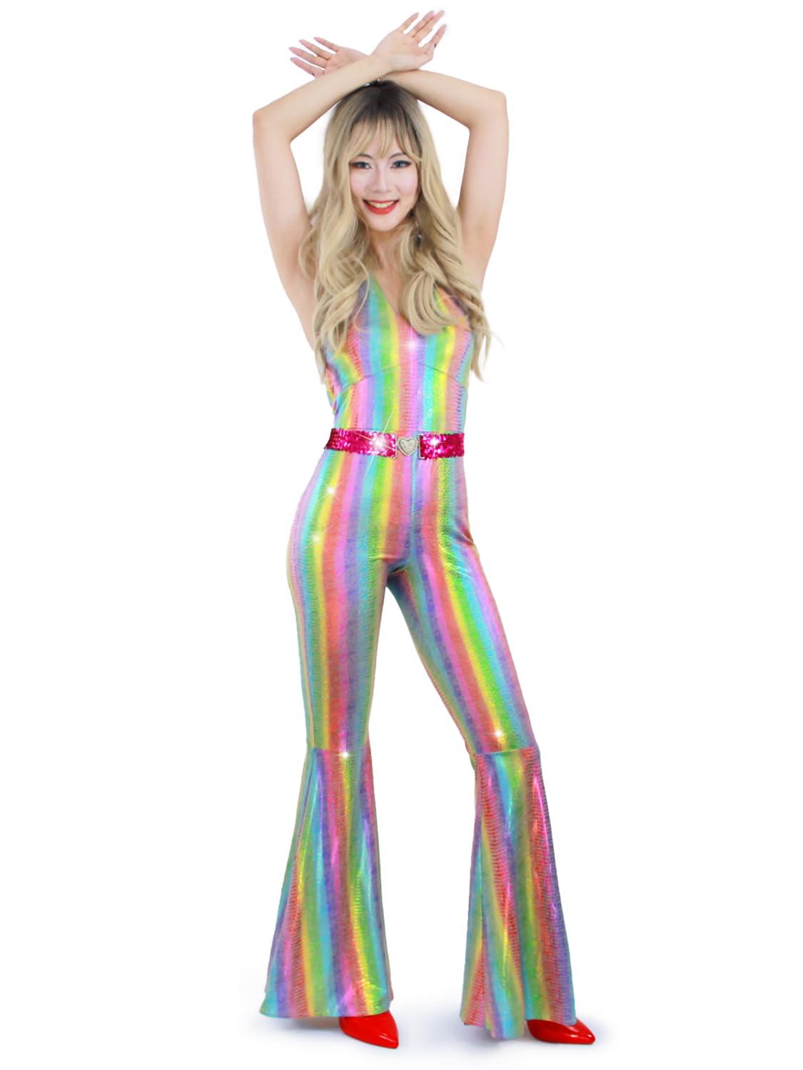 Nawgut Disco Outfit 70s 80s Prom Sparkle Flare Jumpsuit Party Costume Halloween Cosplay For Adult Women