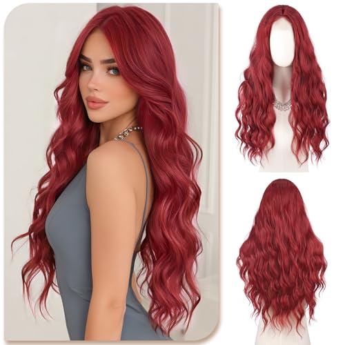 Sofeiyan Gewellte Wellig perücke 70 cm Lange Burgunderrot Mittelscheitel Damen Perücken Hitzebeständige Synthetische Haar Lockige Natürliche Frauen Wigs für Alltag Cosplay Karneval