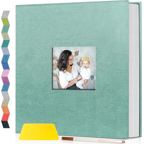 Image of popotop Photo Album Self Adhesive with Picture Display Window,60 Pages DIY Scrapbooking Supplies Kit for 4x6 8x10 Picture,Linen Cover Memory Book for Baby Wedding, with Scraper and Metallic Pen