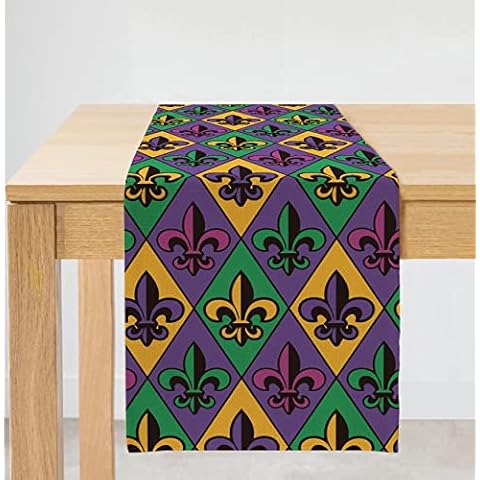 ARKENY Mardi Gras Table Runner 13x72 Inches Purple Green Yellow Diamond Lattice ​Fleur De Lis Theme Farmhouse Indoor Vintage Holiday Gathering Dinner Party Decor Cover