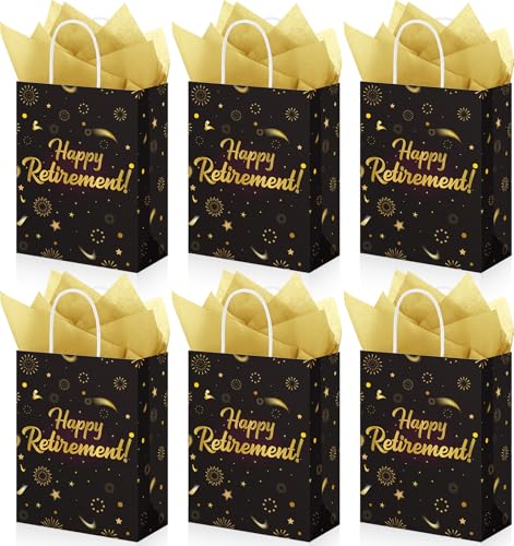 Gersoniel 24 cps Retirement Gift Bag with Tissue Paper, Black Gold Happy Retirement Wrapping Paper Bag with Handles for Men Women Office Coworker, Farewell Going Away Party, Happy Retire Design