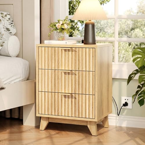 Image of VINGLI Fluted Nightstand with Charging Station, 3 Drawer Nightstand Oak Modern Night Stand for Bedroom, Fluted Bedside Table /End Table /Side Table, 17.72 inch W*13.78 inch D*23.62 inch H, 1 pc