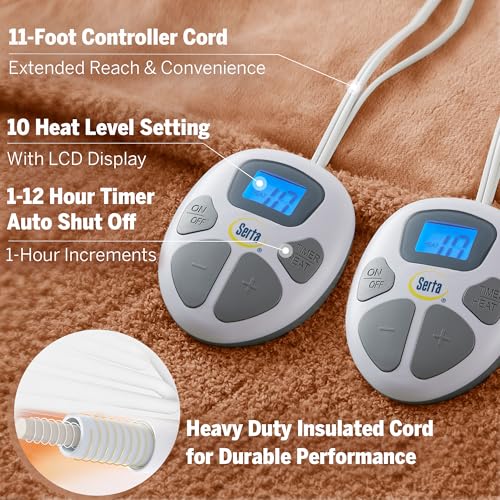 Serta Heated Blanket, Electric King Size Blanket, Soft, Warm, Fuzzy Heating Blanket King for Office, Couch, 1-12 hr Auto Shut Off Timer, 10 Lv Heat Setting, ETL Certified, King 100" x 90" Rust by Serta - Image 6