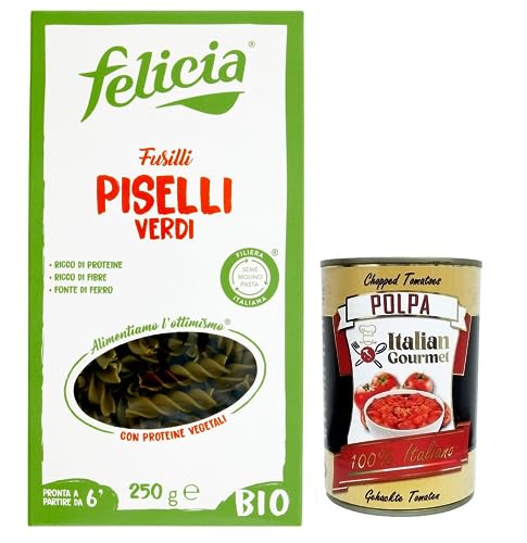 Felicia Fusilli di Piselli Verdi, Pasta con guisantes verdes 100% de una cadena de suministro italiana, orgánica y natural, sin gluten, paquete de 250 g + lata italiana gourmet Polpa di Pomodoro de
