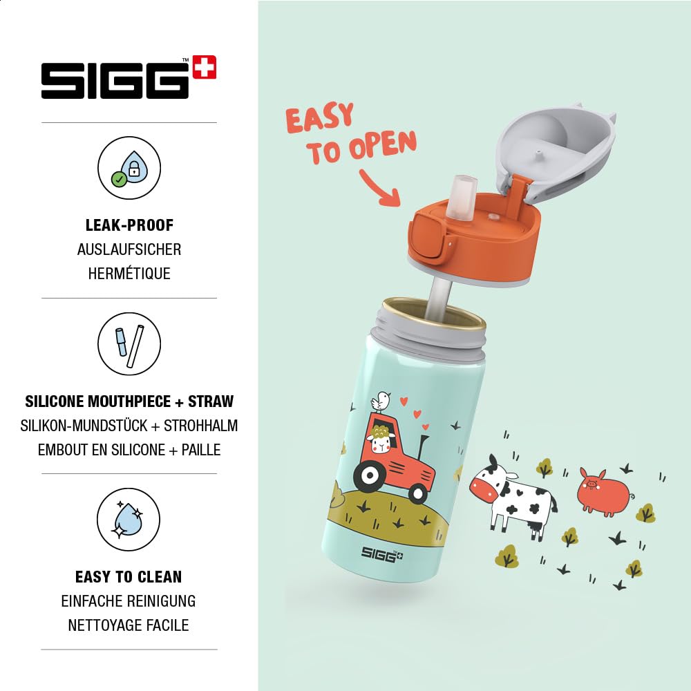 Sigg - Alu Trinkflasche Kinder - Miracle Tractor - Mit Trinkhalm - Auslaufsicher - Federleicht - BPA-frei - Klimaneutral Zertifiziert - Schule & Sport - Wassergrün & Orange mit Traktor - 0,4L