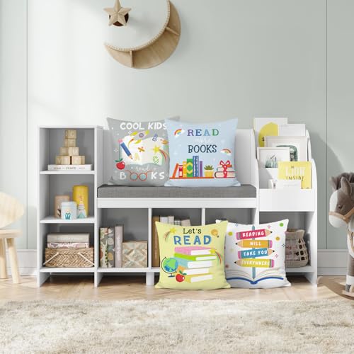 Bonhause Books Cushion Covers 45 x 45 cm Colorful Pencils School Decorative Throw Pillow Covers for Sofa Couch Bed Home Library Classroom Reading Corner Decor Set of 4