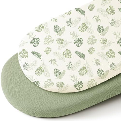 Image of Konssy 2 Pack Muslin Bassinet Sheets for Baby Boy, 100% Cotton Soft Breathable Bassinet Mattress Sheets Fit for Hourglass Oval Cradle Rectangle Mattress (Palm Paradise,Sage)