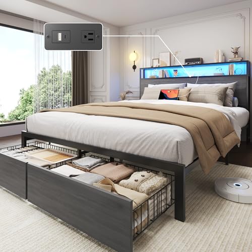 Lifezone Queen Bed Frame with 2-Tier Storage Headboard, Metal Bed Frame with Storage Drawers & Built-in Charging Station & LED, Noise-Free, No Box Spring Needed, Easy Assembly, Rustic Grey