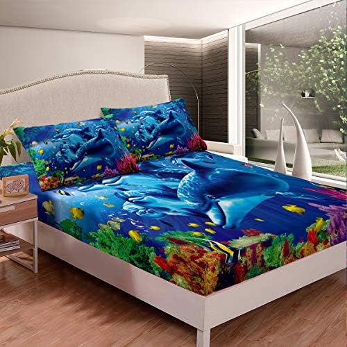 Erosebridal Queen Size Dolphin Bedding Set Underwater World Fitted Sheet Colorful Fish Bed Cover Seaweed Reef Sheet Set,Sealife Theme Microfiber Modern Bedspread for Kids Girls Boys Adult Room Decor