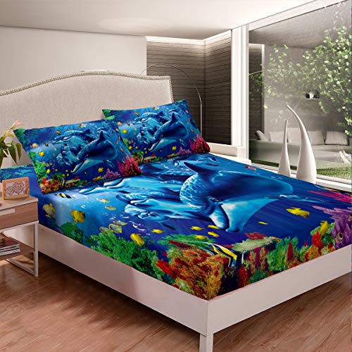 Erosebridal Twin Size Dolphin Bedding Set Underwater World Fitted Sheet Colorful Fish Bed Cover Seaweed Reef Sheet Set,Sealife Theme Microfiber Modern Bedspread for Kids Girls Boys Adult Roo