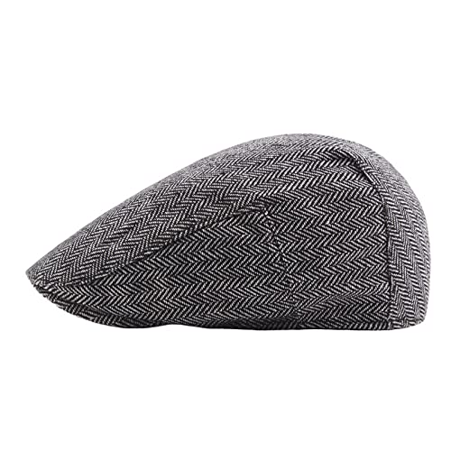 Men's Fashion Newsboy Ivy Hat, Men's Classic Cotton Driving Hat, Herringbone Tweed Wool Blend Cap, Classic Hats, Retro British Style (Light Gray S/M)