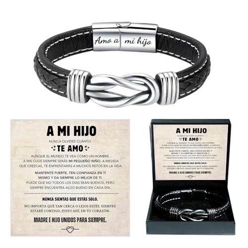 Spanish Card,TO MY SON Customize Name Braided Leather Bracelet With Gift Box, Men's Stainless Braided Leather Bracelet Bangle Wristband,Inspirational Birthday,Christmas Gifts