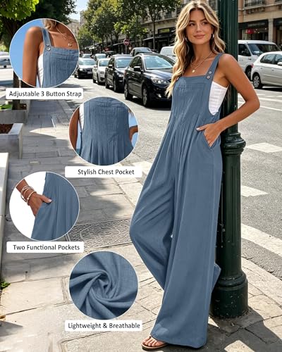 Ekouaer Womens Casual Loose Overalls Jumpsuits Summer Outfits Wide Leg Pants Rompers with Pockets Blue X-Large — view 3