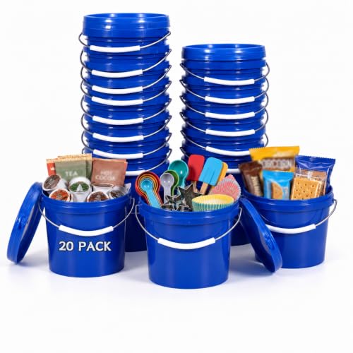 METAPACK 20 Pack 0.5-Quart Mini Plastic Buckets with Lids and Handles Small Food Storage Pails Candy Buckets for Party Favors Birthday Gift Containers Classroom Craft Storage (Blue)