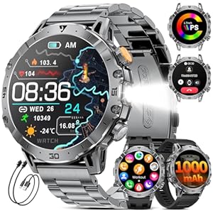 Smartwatch Herren mit 1000mAh Großer Akku, Taschenlampe, Bluetooth-Anruf, 1.7'' Fitnessuhr mit 110+ Sportmodi, Herz- & Schlaftracking, Wasserdicht für iOS/Android, 3 Armbänder + 2 Ladegeräte, EF18-A
