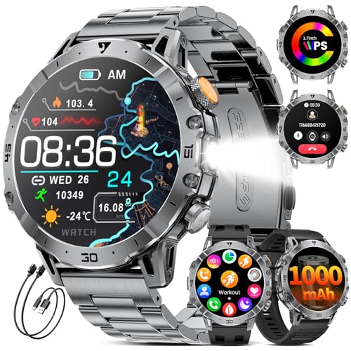 Smartwatch Herren mit 1000mAh Großer Akku, Taschenlampe, Bluetooth-Anruf, 1.7'' Fitnessuhr mit 110+ Sportmodi, Herz- & Schlaftracking, Wasserdicht für iOS/Android, 3 Armbänder + 2 Ladegeräte,EF18-A