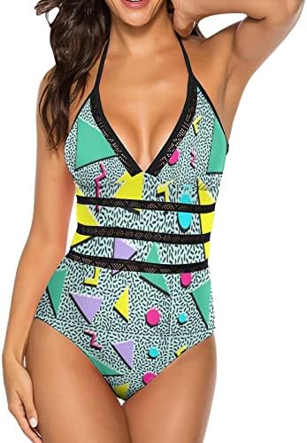 Feim-AO Swimwear for Women Girl Funky 90s Retro Vintage 80S Bathing Suit Tummy Control Bikinis for Beach Pool Swim Surf -M