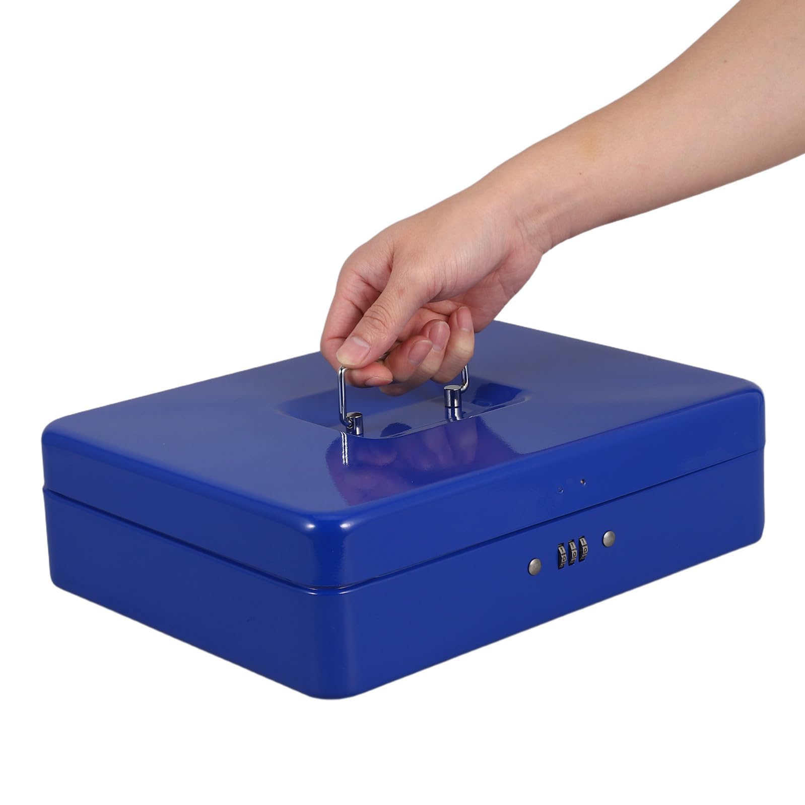 Blaue Geldkassette aus Metall mit Zahlenschloss und Schlüssel